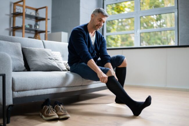 man pulling on compression socks for travel with varicose veins